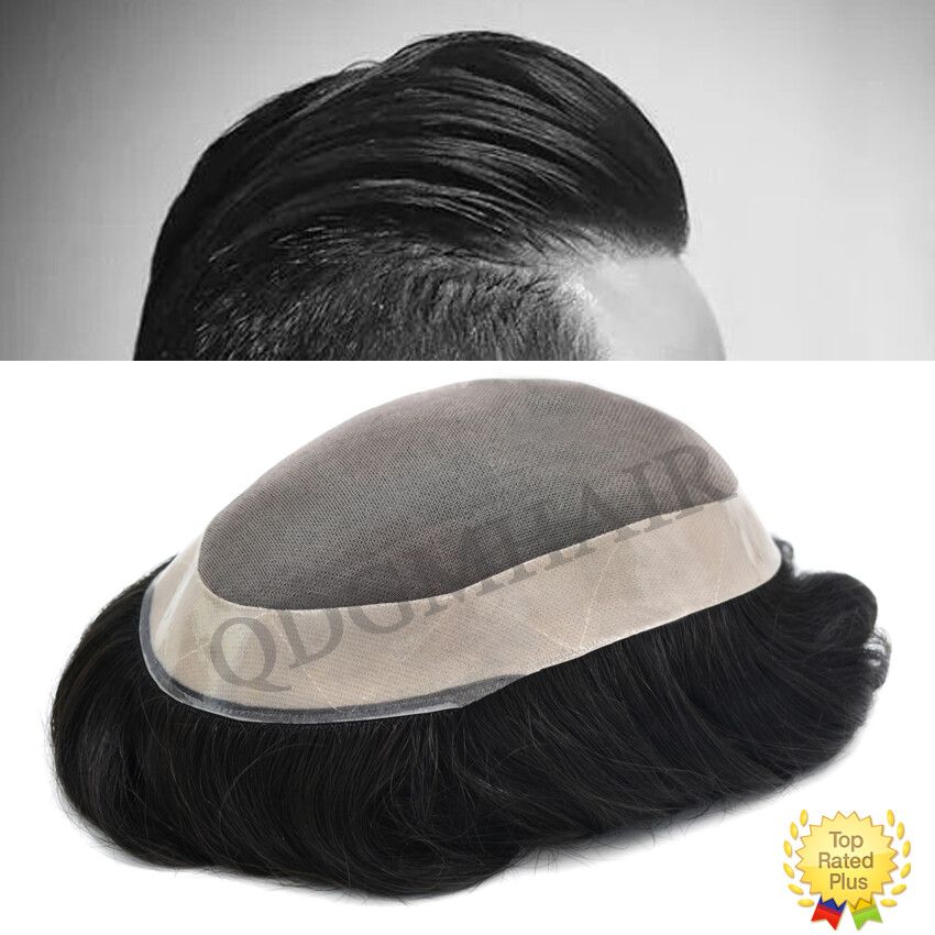 Fine Mono Mens Toupee Poly Skin NPU Around Hairpiece Black Human Hair System Wig