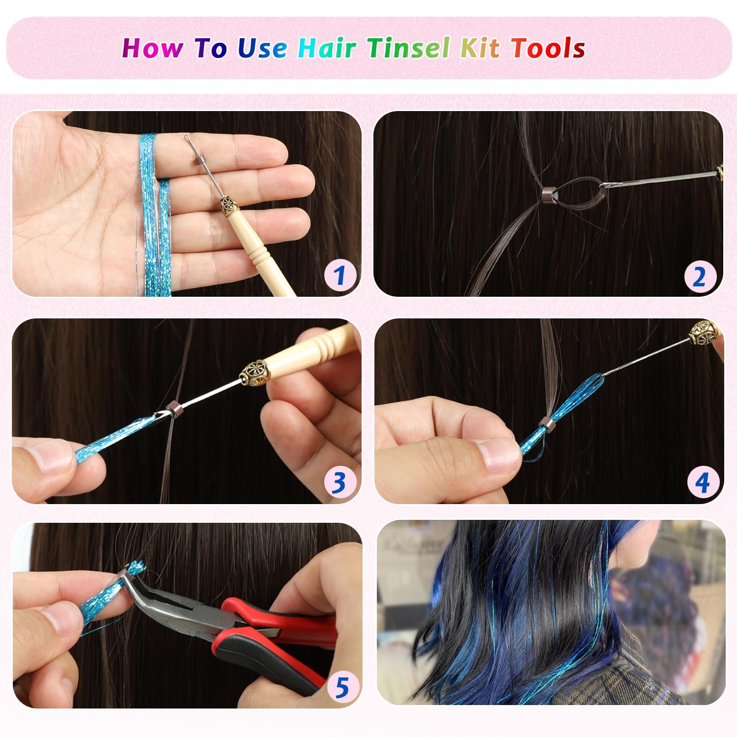 24-Color Hair Tinsel Kit with 7800 Strands and Tools for Festive Hair Extensions