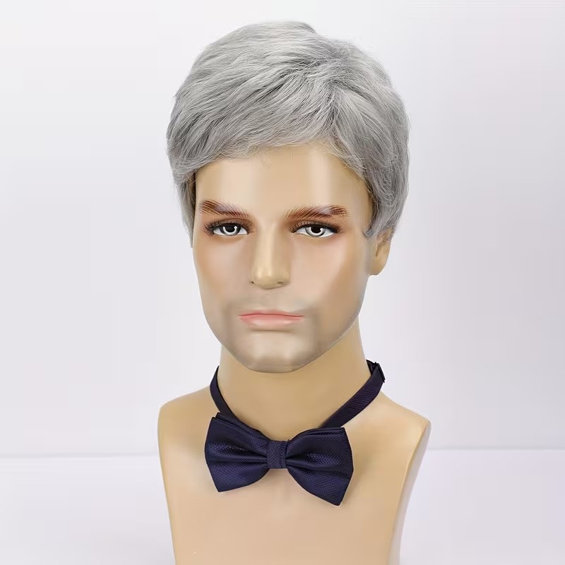Men Grey Wig Gray Layered Short Beanie Hairpiece Dress Up Universal Cosplay Wigs