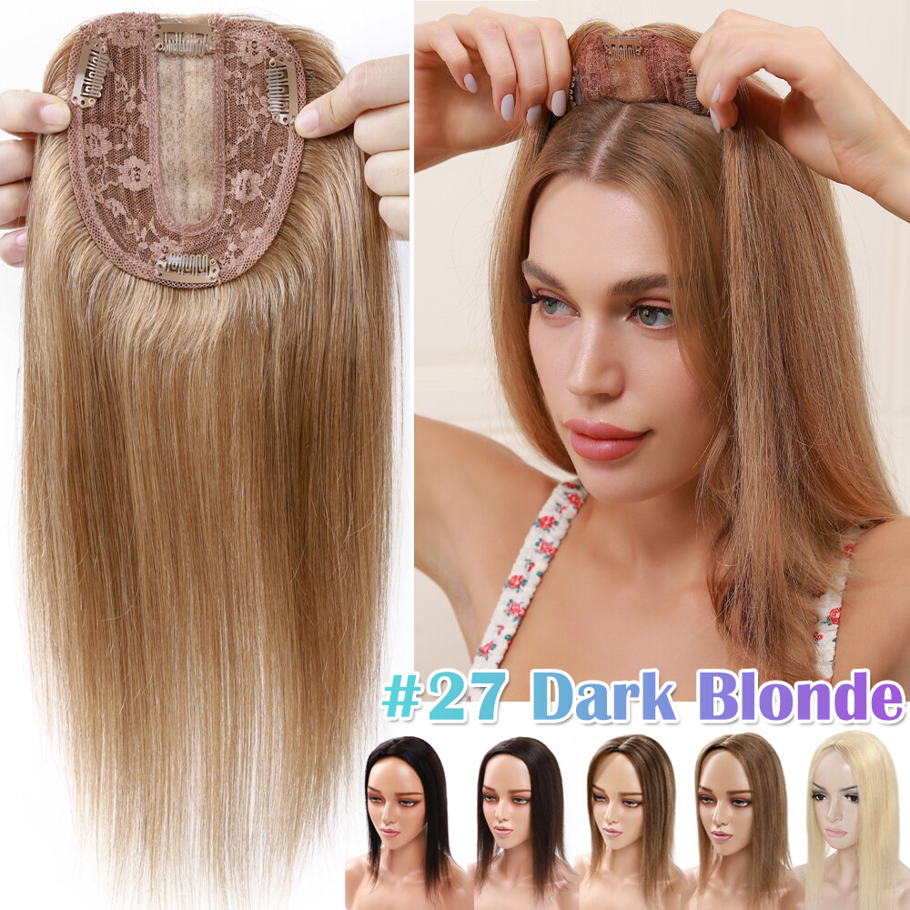 Topper Hairpiece Clip In Real 100% Human Hair Silk Base Toupee Natural Wig Women
