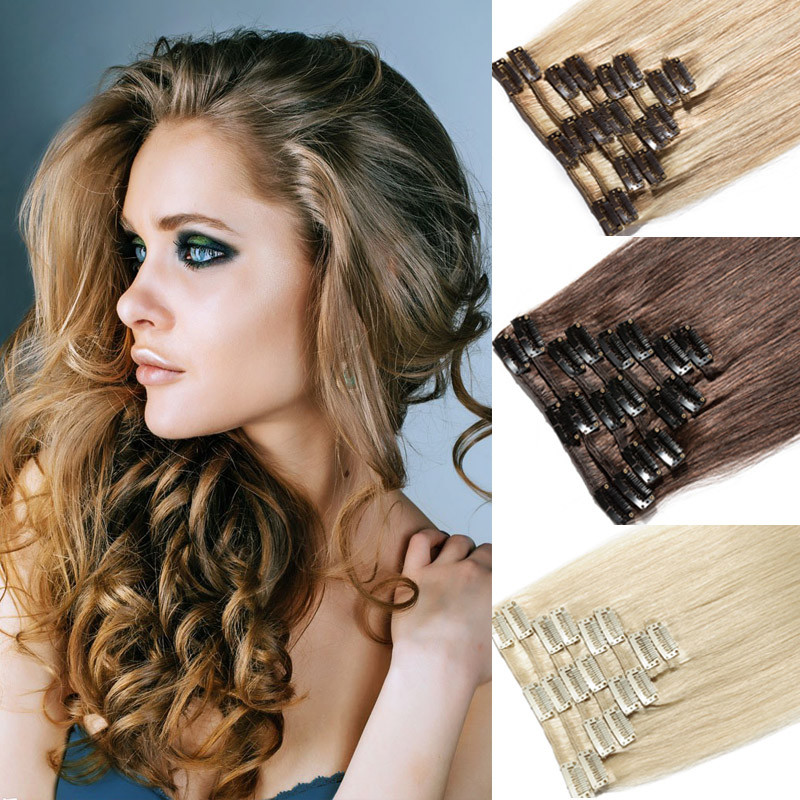 8PCS 16″ 18″ 20″ 22″ Real Remy Full Head Clip in 100% Human Hair Extensions J034