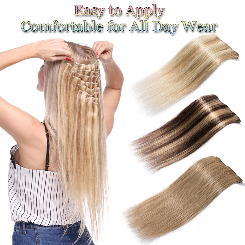 Clip in Hair Extensions REMY Human Hair 8Pcs Full Head 10″12″14″16″18″20″22″24″