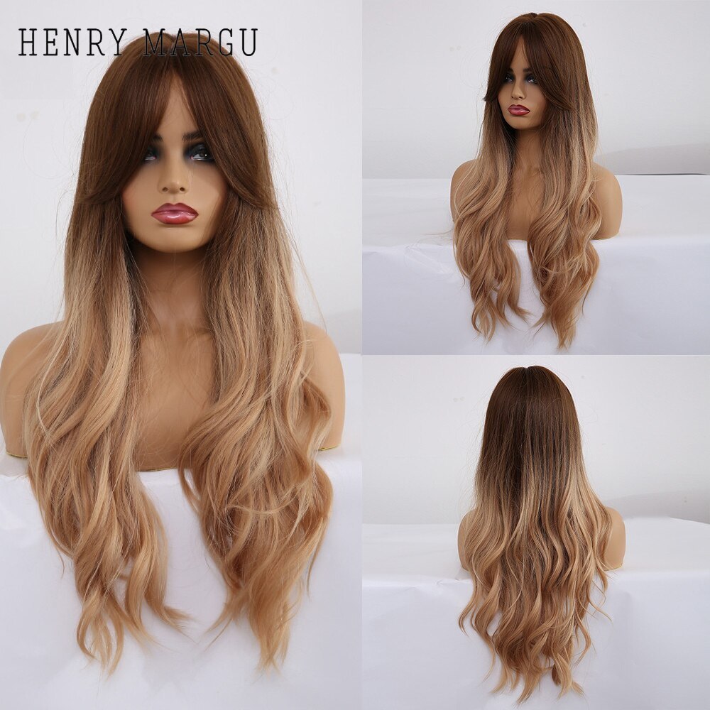 Synthetic Long Wavy Wig Ombre Platinum Brown Blonde White Wig Heat Resistant