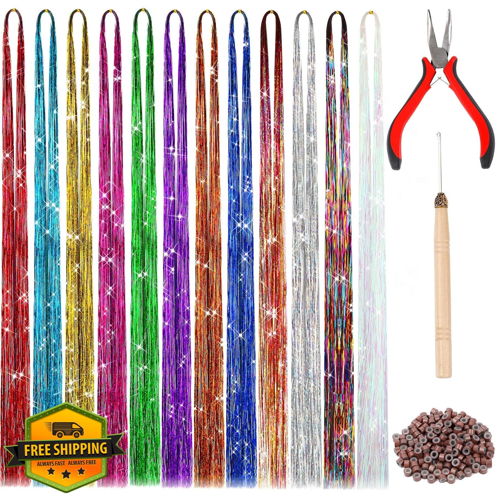 FEBSNOW Tinsel Hair Extensions Multi 12 Colors