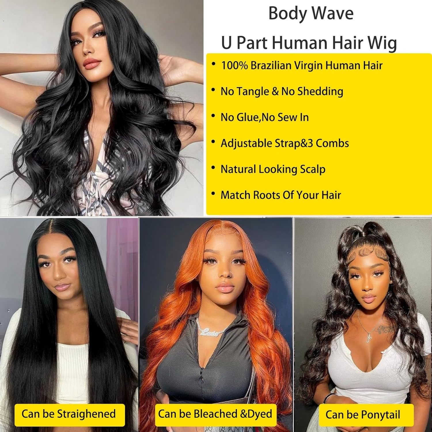 U Part Human Hair Wig Body Wave Brazilian Virgin Hair Glueless Wigs Human Hair