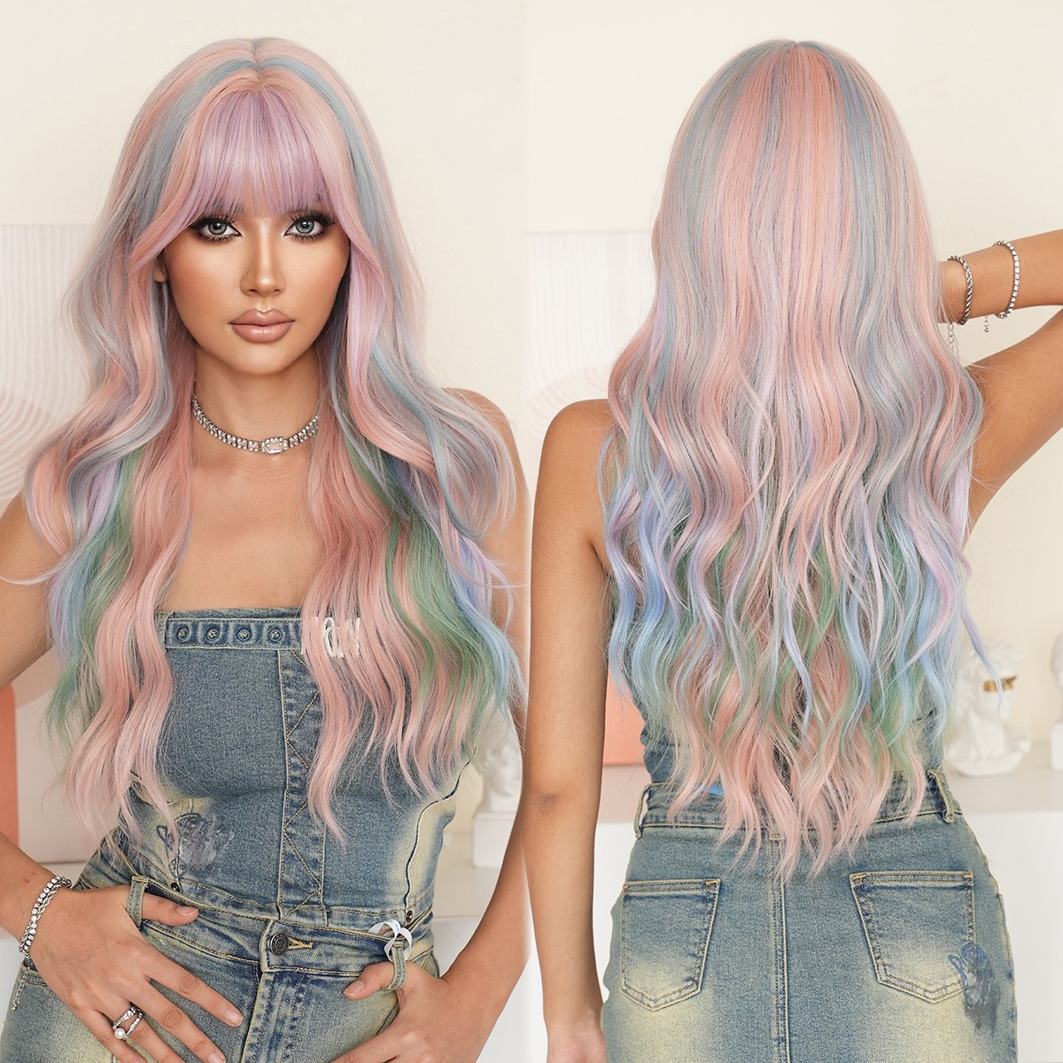Y2K Lolita Synthetic Hair Wig Rainbow Cosplay Party Long Curly Wig with Bangs