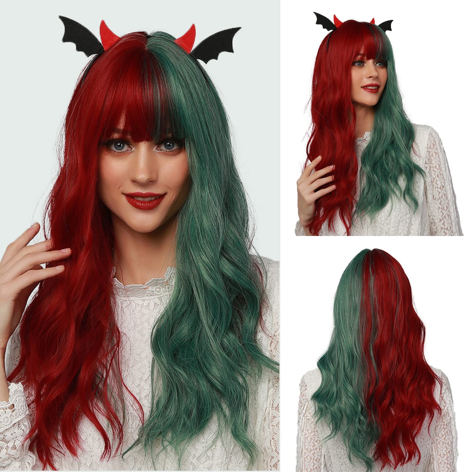 OUFEI Long Wavy Half Red Green Wigs 22.5 Inch, Green(6080)
