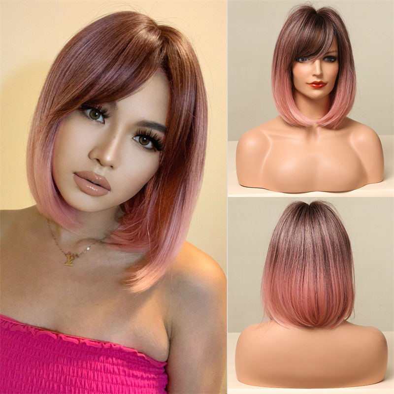 Pink Bobo Short Hair Full Head Cover Gradient Fashion Straight Bangs Wig