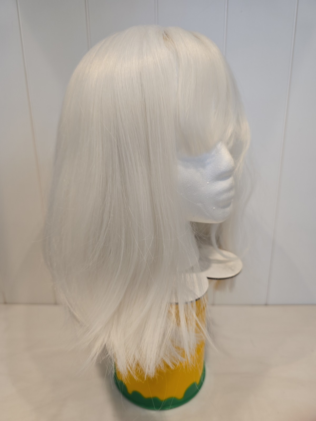 Short 12-in Bob With Bangs Straight White Wig, Costume, Daily Wear