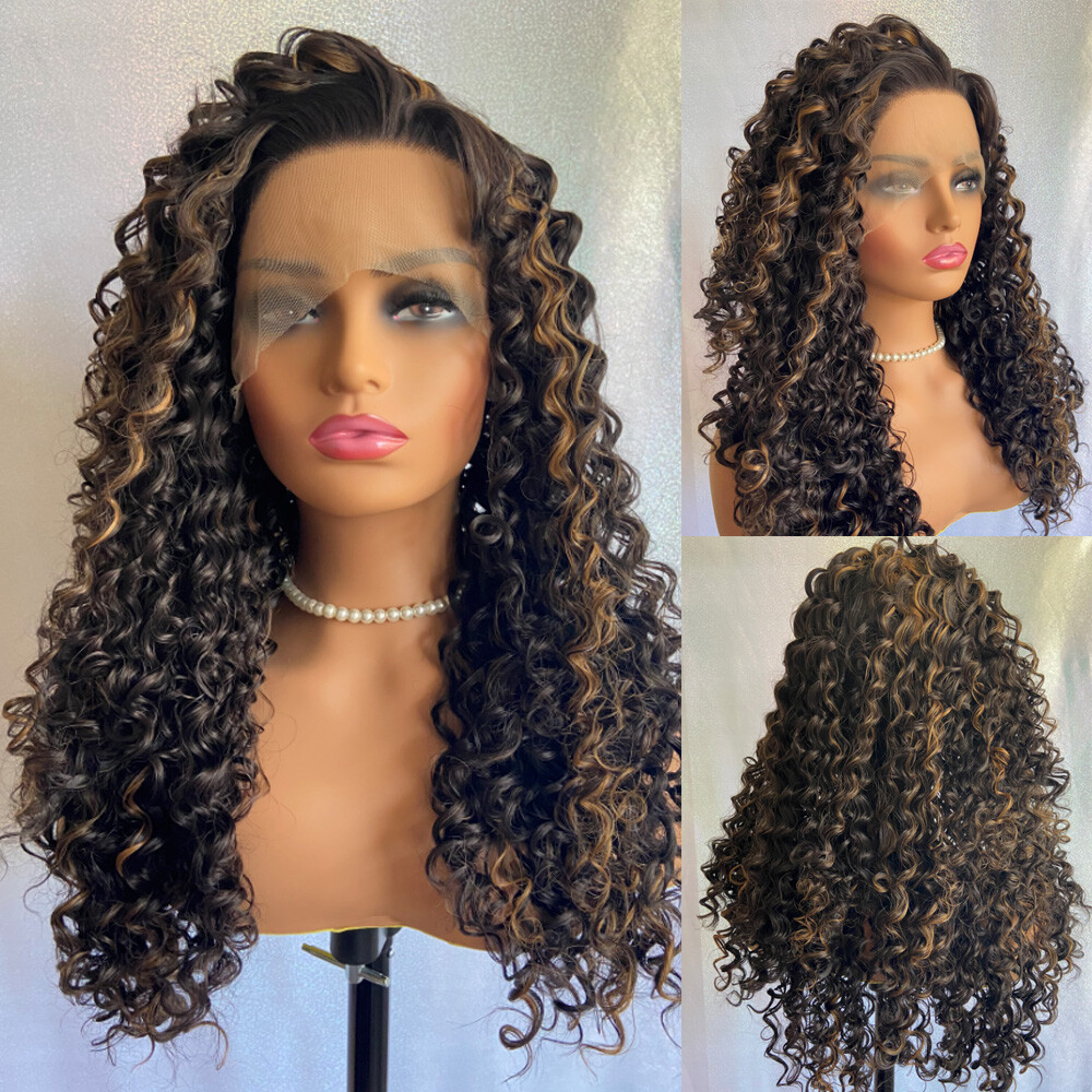 Human Hair Blend Lace Front Wigs Long Tight Curly Heat OK #4/27 Highlight Brown
