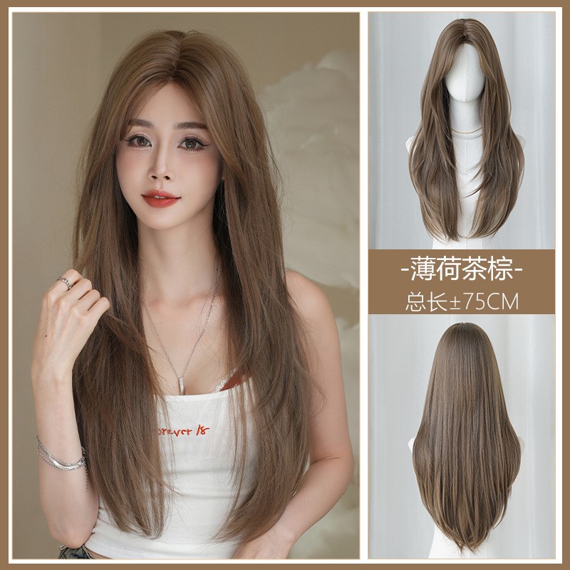 Middle Part Long Straight Wig Silk Base Lace Hand Tied Synthetic Full Head Wig