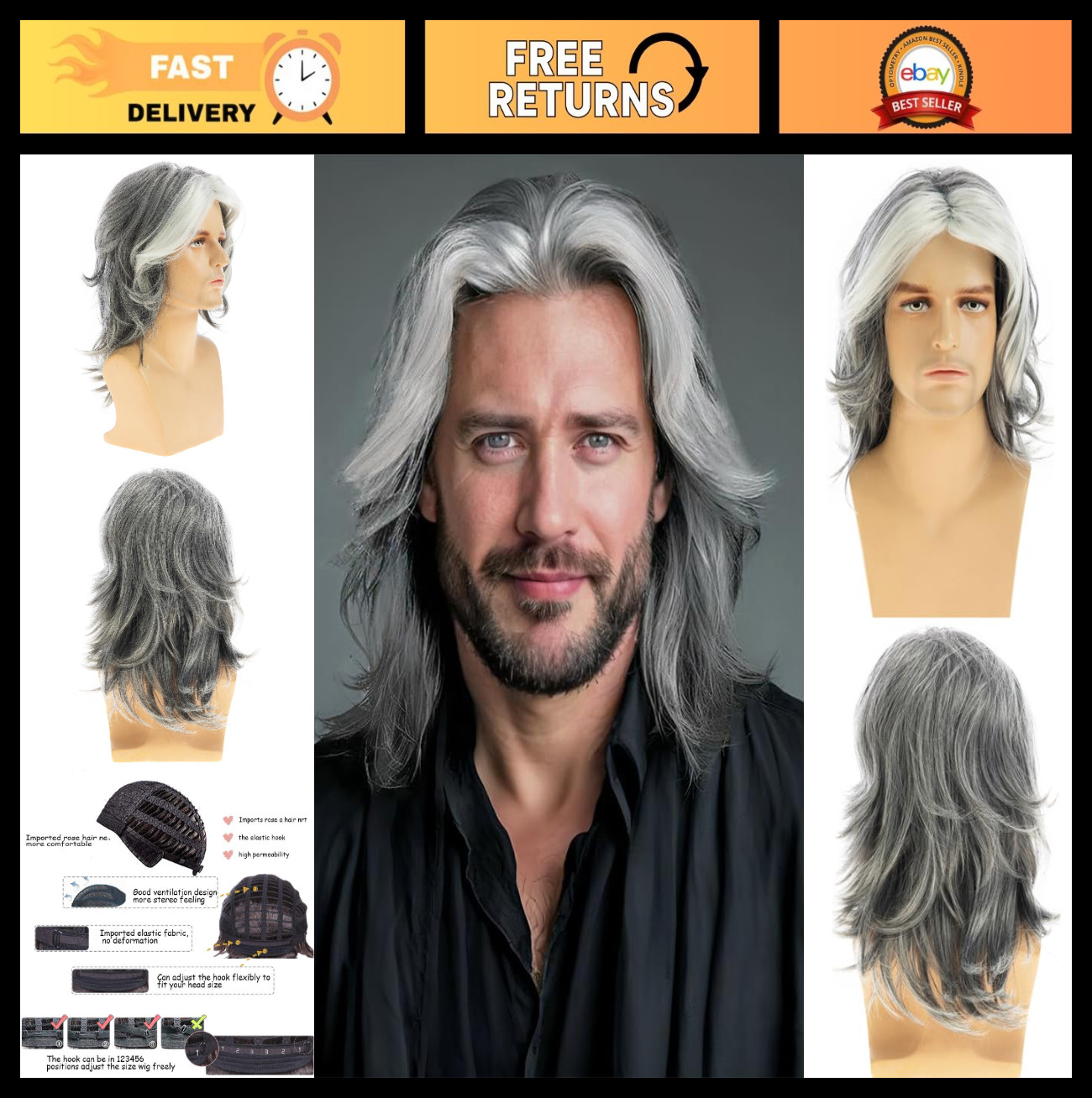 Men’s Grey Long Straight Synthetic Heat-Resistant Wig for Costume & Cosplay