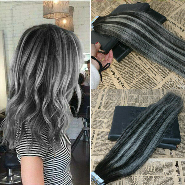 12AA RUSSIAN TAPE IN HAIR Extensions 1#/GREY# BALAYAGE OMBRE 40Pcs 100g STRAIGHT