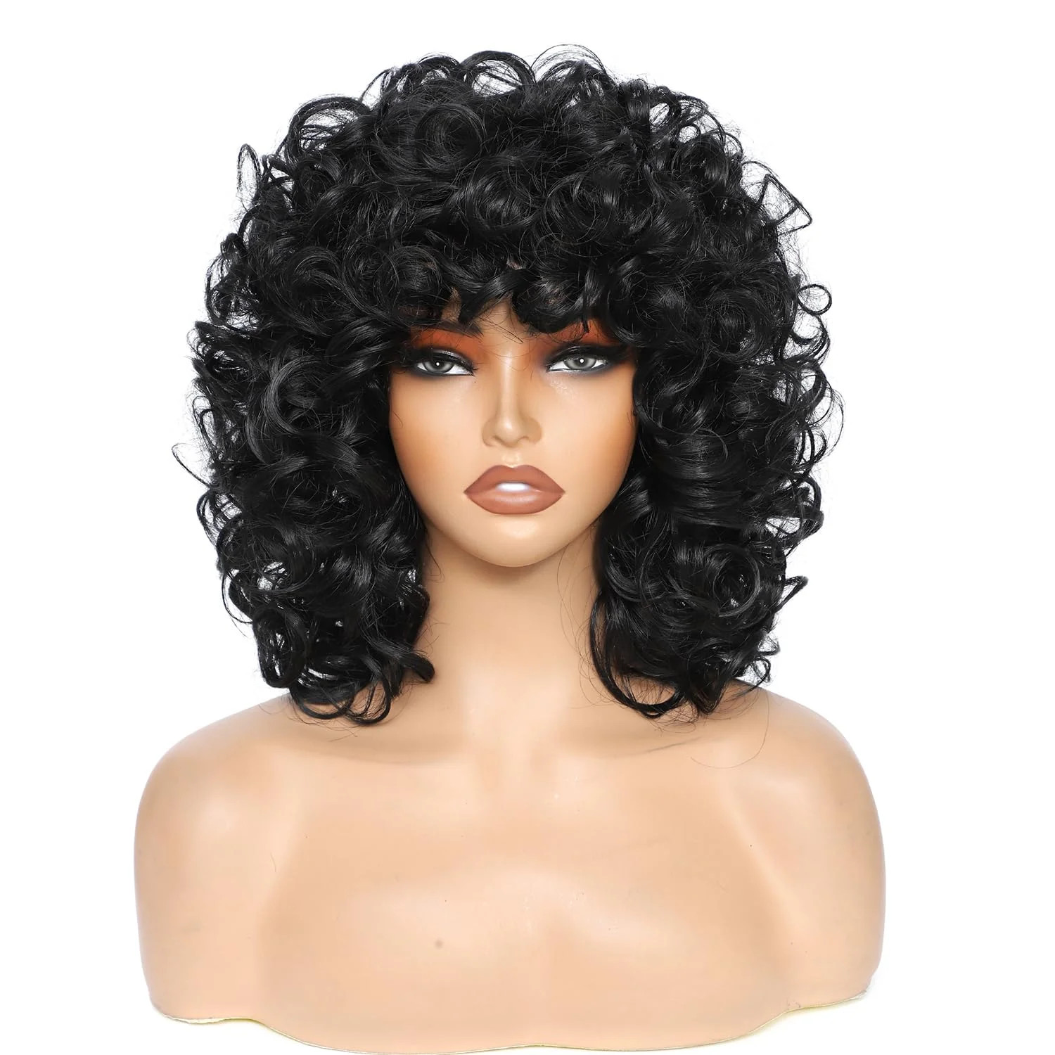 Short Curly Wigs for Black Women Soft Black Big Curly Wig with Bangs Afro Kinky