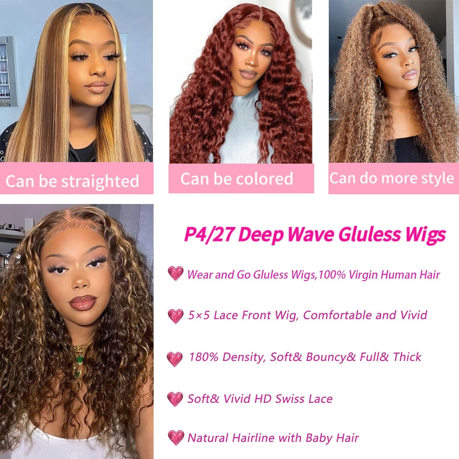 Highlight Ombre 4/27 Human Hair Wear and Go Glueless Wigs Deep Wave Curly Wet…