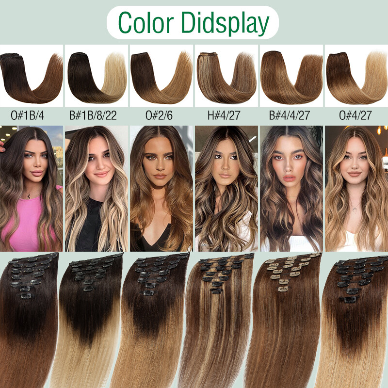 8-24Inch Clip In Extensions 100% Real Remy Human Hair 8Pieces Full Head Lowlight