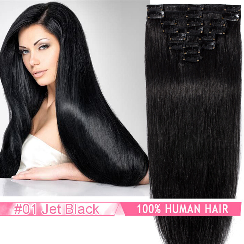 Ombre Silky Clip In Remy Human Hair Extensions 100% Real Full Head Weft 8PCS US