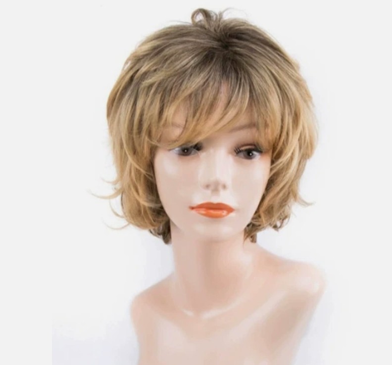 Short Fluffy Wavy Rooted Blonde Mix Synthetic Hair Wigs Women Soft Natural Daily