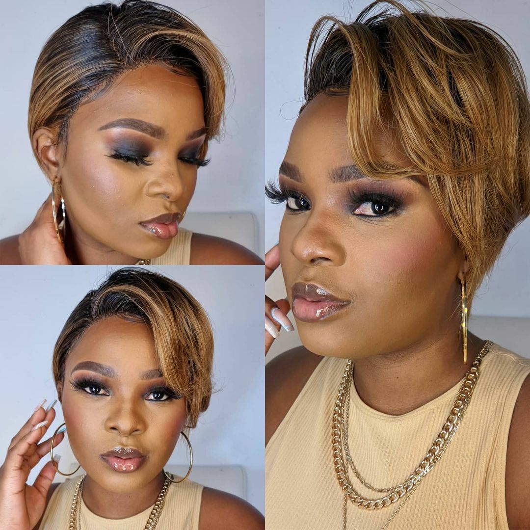 Blond Pixie Cut Wigs Human Hair Lace Front Wig Dark Roots L Part Pre plucked