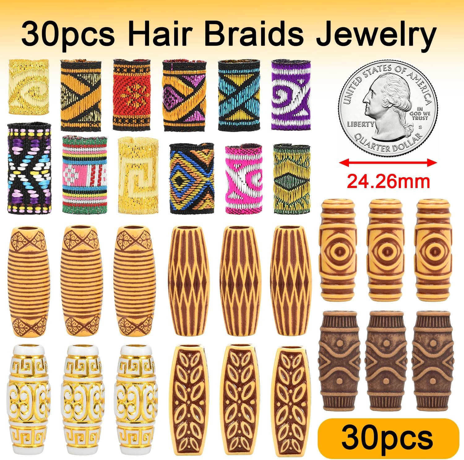 30Pcs Hair Beads for Braids, 18 Plastic + 12 Fabric African Hair Dreadlock Beads