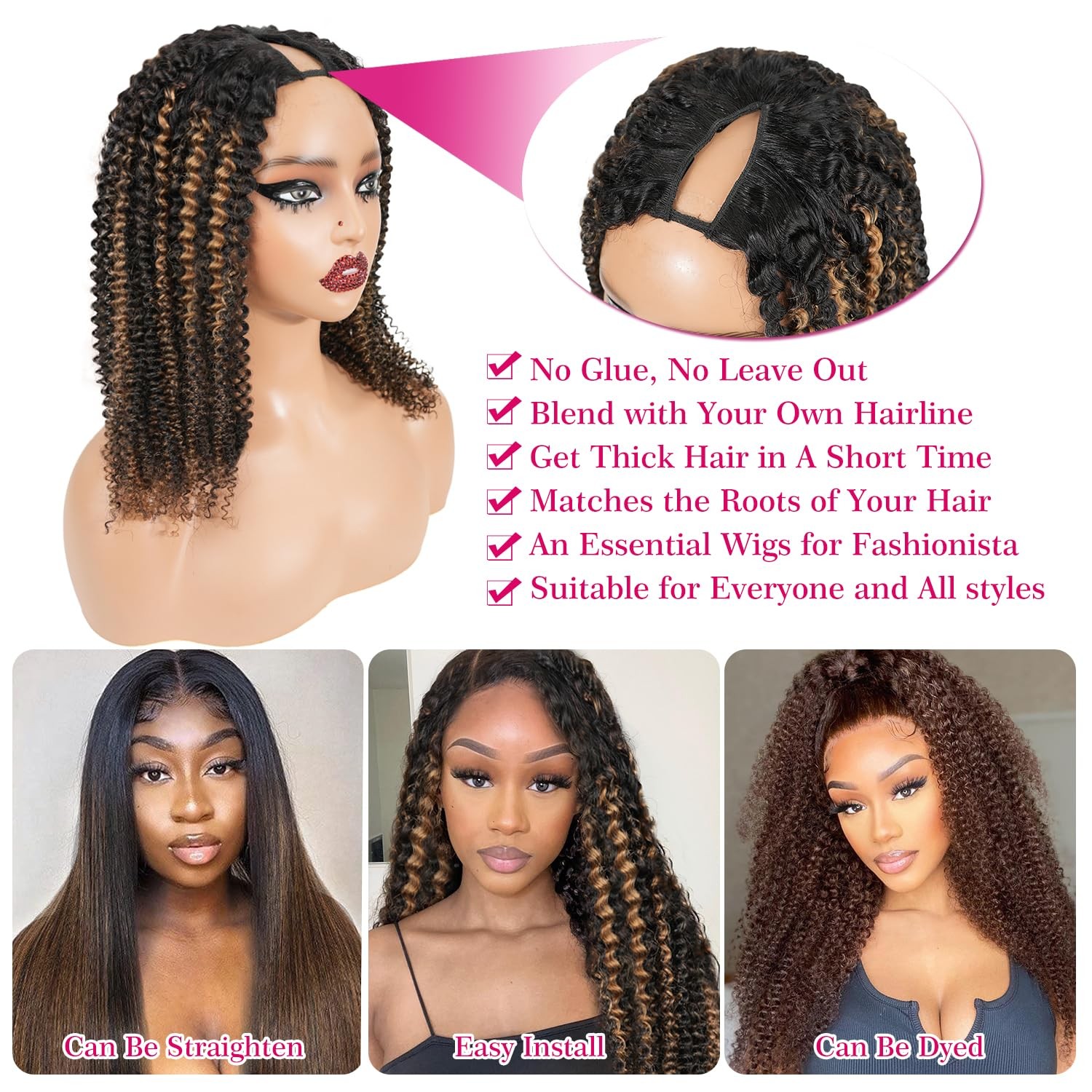 Homgoss Highlight Kinky Curly V Part Wigs For Women 200 Density Fb30 Color