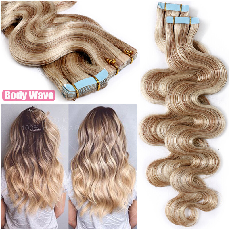 Tape In Russian Remy 100% Human Hair Extensions Skin Weft Thick Full Head 22″24″