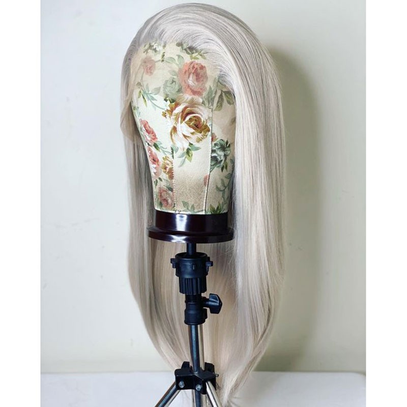 Heat Resistant Synthetic Hair Long Straight Lace Frontal Wig Silver Gray