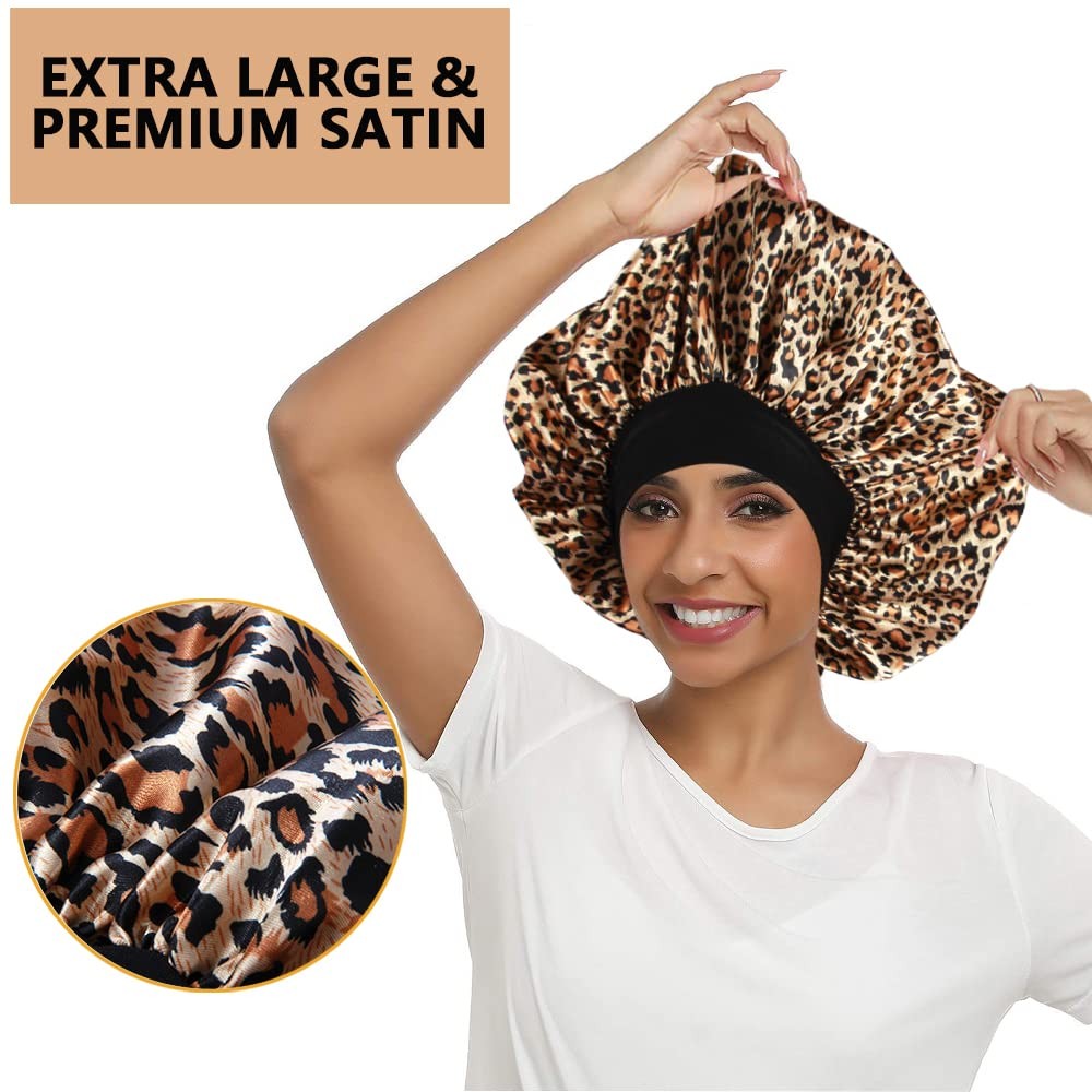 3PCS Extra Large Satin Bonnets for Sleeping, 5-6, C-black, Rose Gold, Leopard