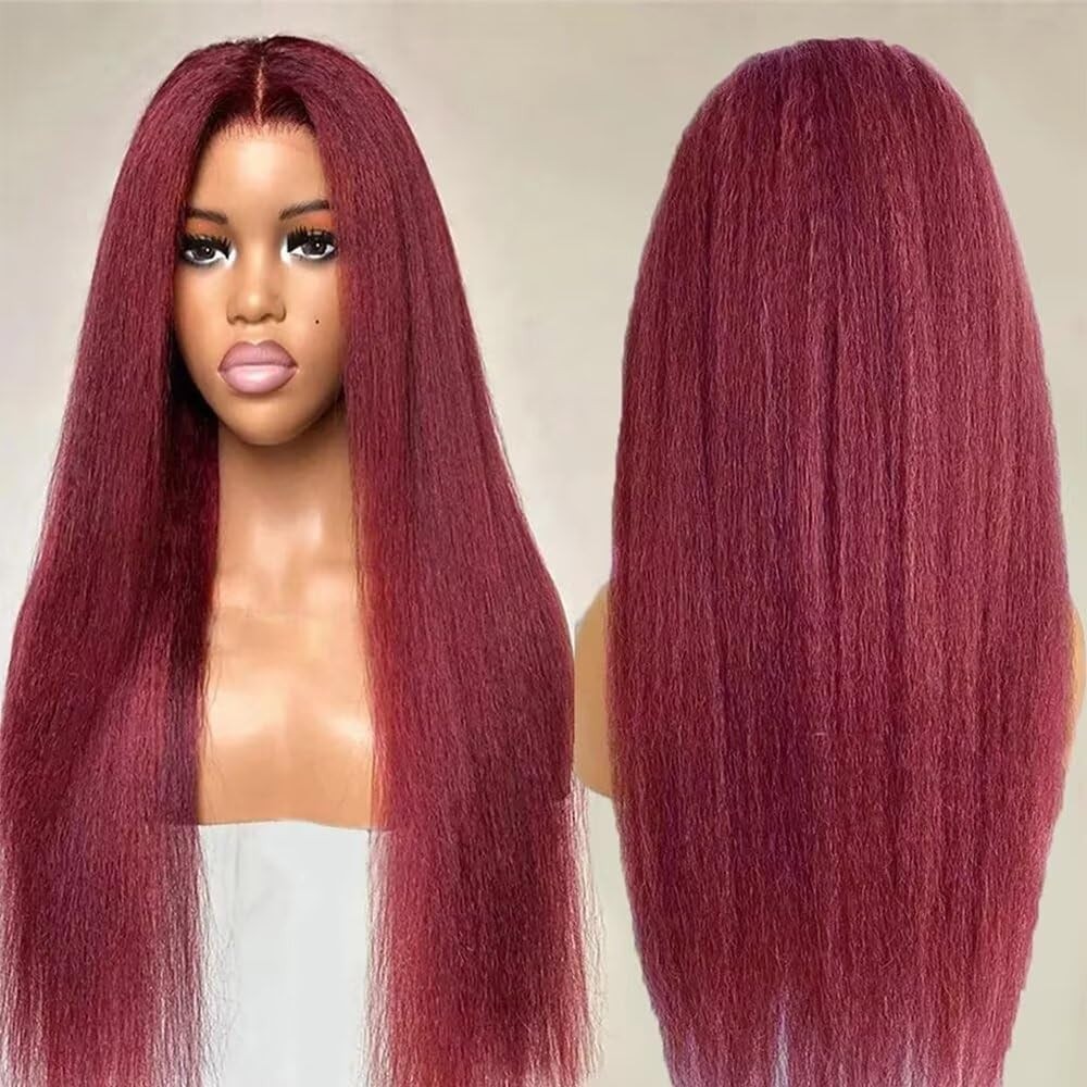 Transparent Lave 13×4 Kinky Straigh Transparent Lace 99J Burgundy Human Hair