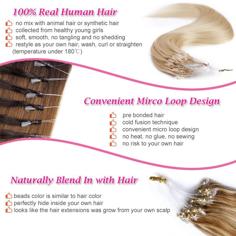Blonde Remy Micro Loop Ring 100% Real Human Hair Extensions Beads Link Bonded US