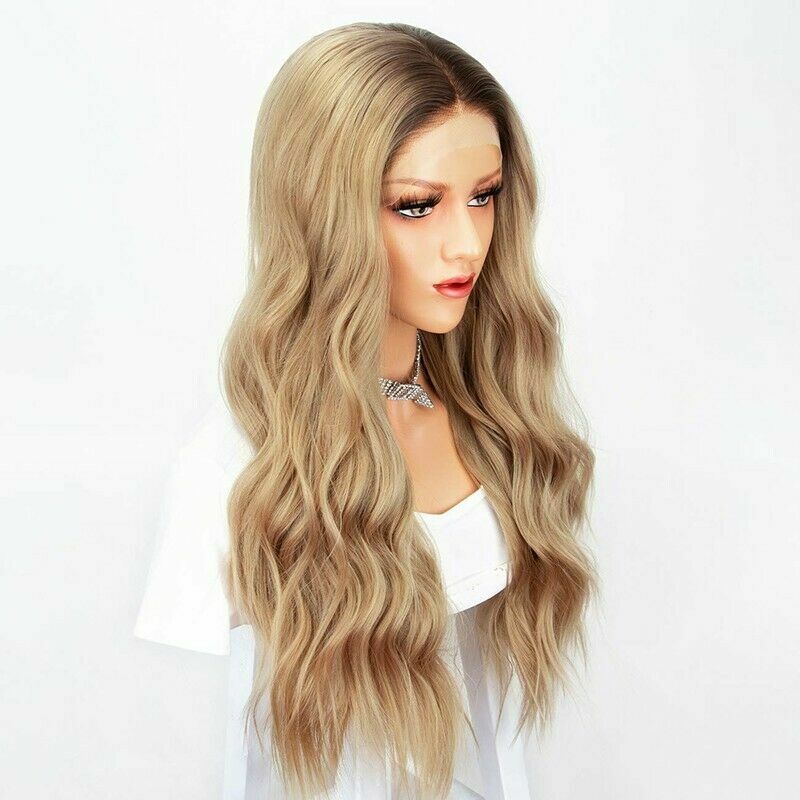 Women Lady Dark Brown Gold Ombre Long Wavy Curly Blonde Wig Synthetic Hair