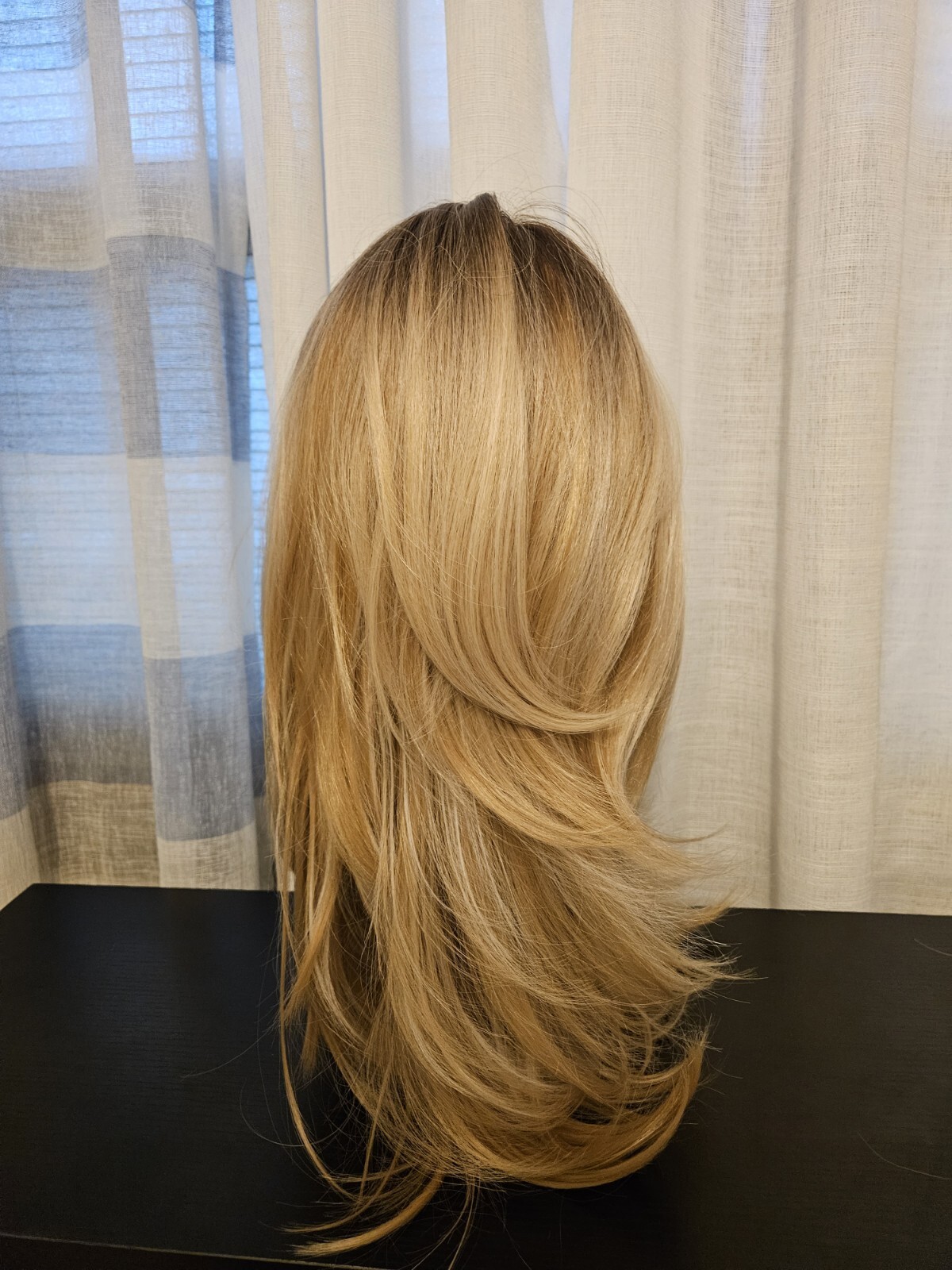 MIXED BLONDE LAYERED BANGS WIG HIGHLIGHTS LONG LAYERS DARKER ROOTS