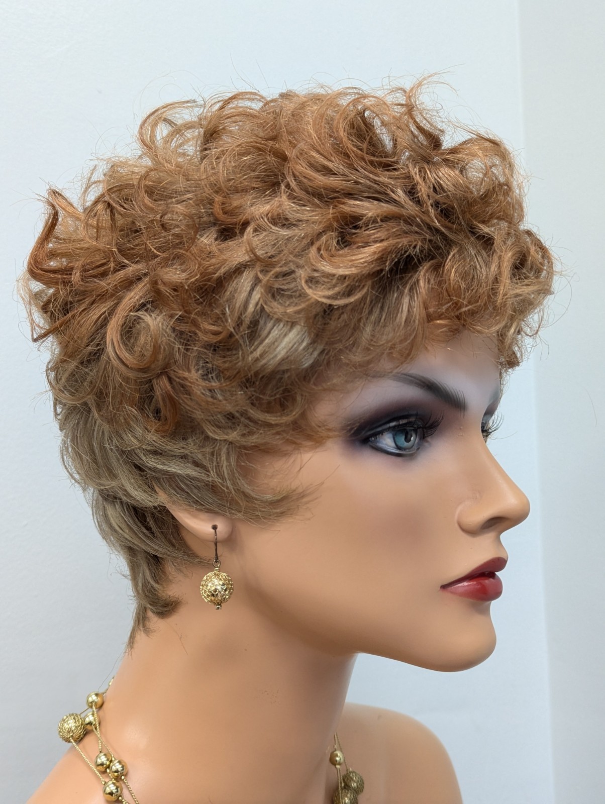 Human Hair Short Pixie Cut With Bangs Light Aurburn Mixed Blonde Wig