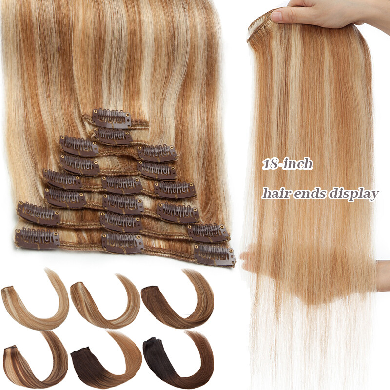 8PCS 18Clips 100% Human Hair Extensions Clip In 8pcs/Set Full Head Highlight