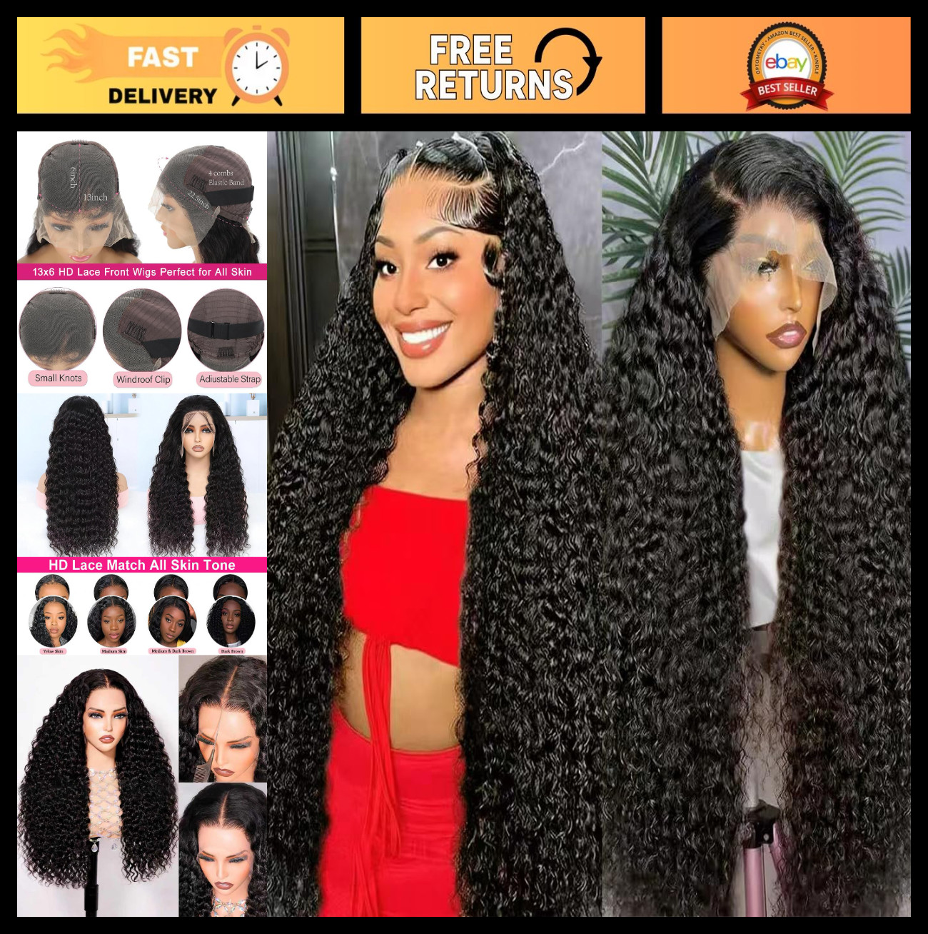 30″ 13×6 Deep Wave Lace Front Wig – 200 Density HD Lace, Pre-Plucked, Glueless,