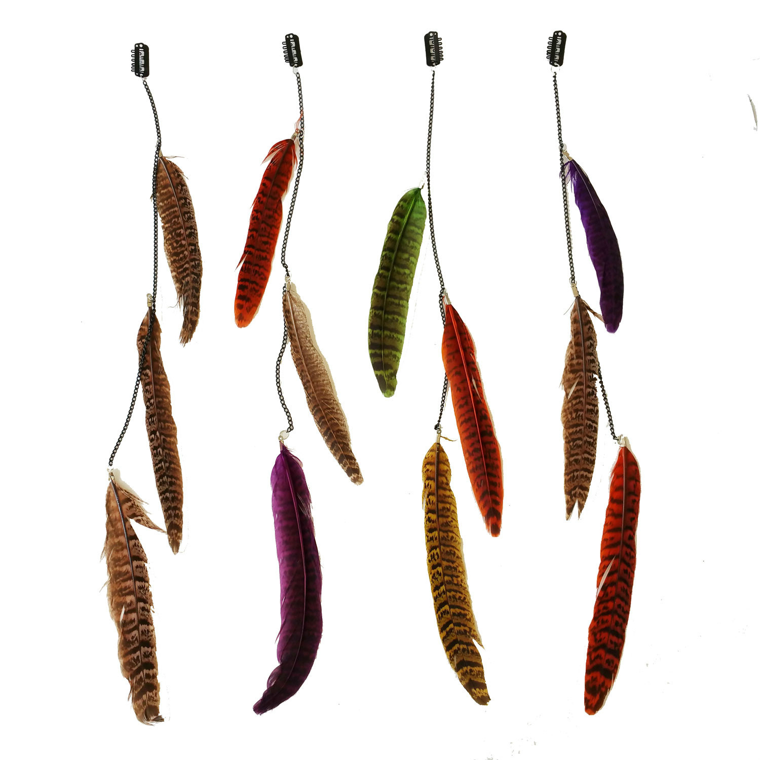 4 pcs Real Long Feather & Chain Hair Extension w/Clip On Comb Assorted