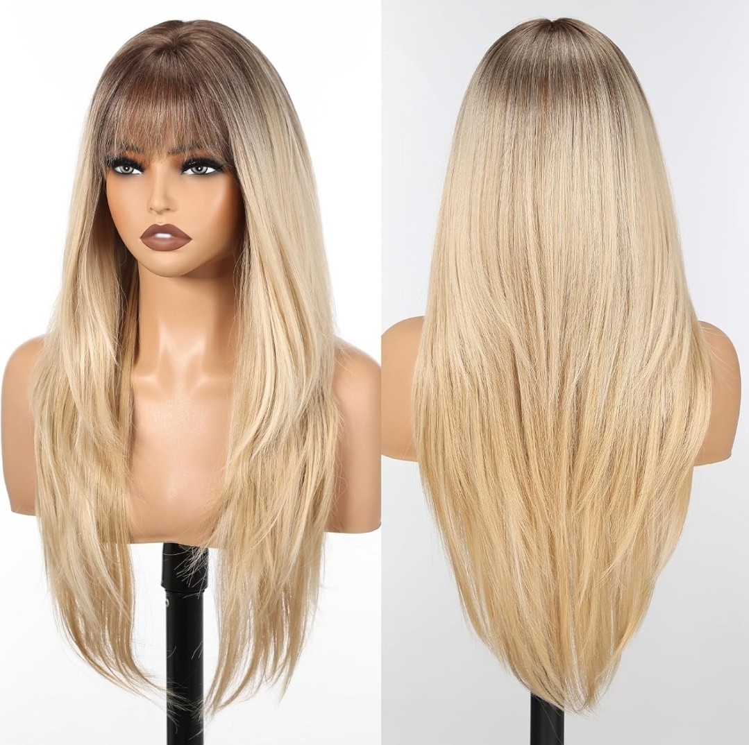 Long Ash Blonde Ombre Full Wig Human Hair blend layers bangs Free Part