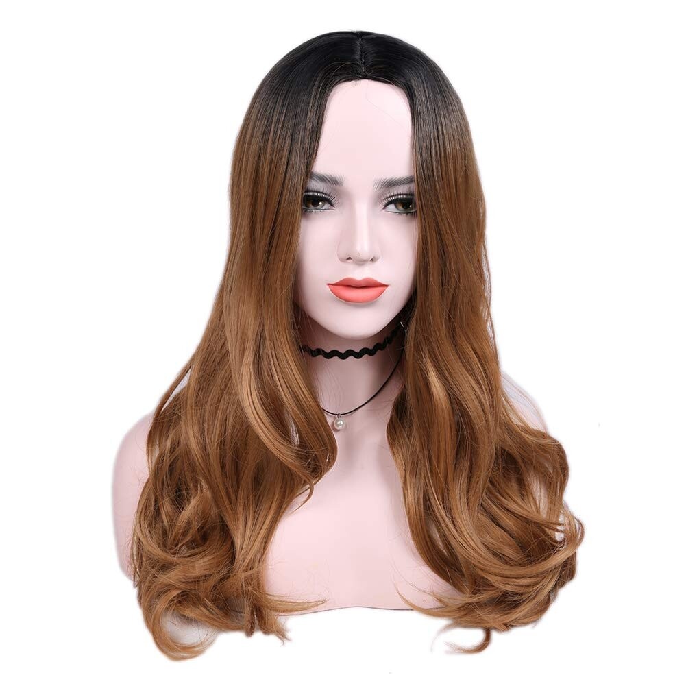 24in Black to Brown Ombre Long Wavy Wig for Women Heat Resistant Synthetic Party