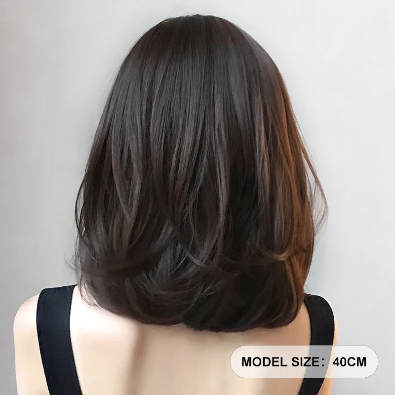 7JHH Short Chocolate Bob Wig Synthetic Straight Layered Wig with Bangs