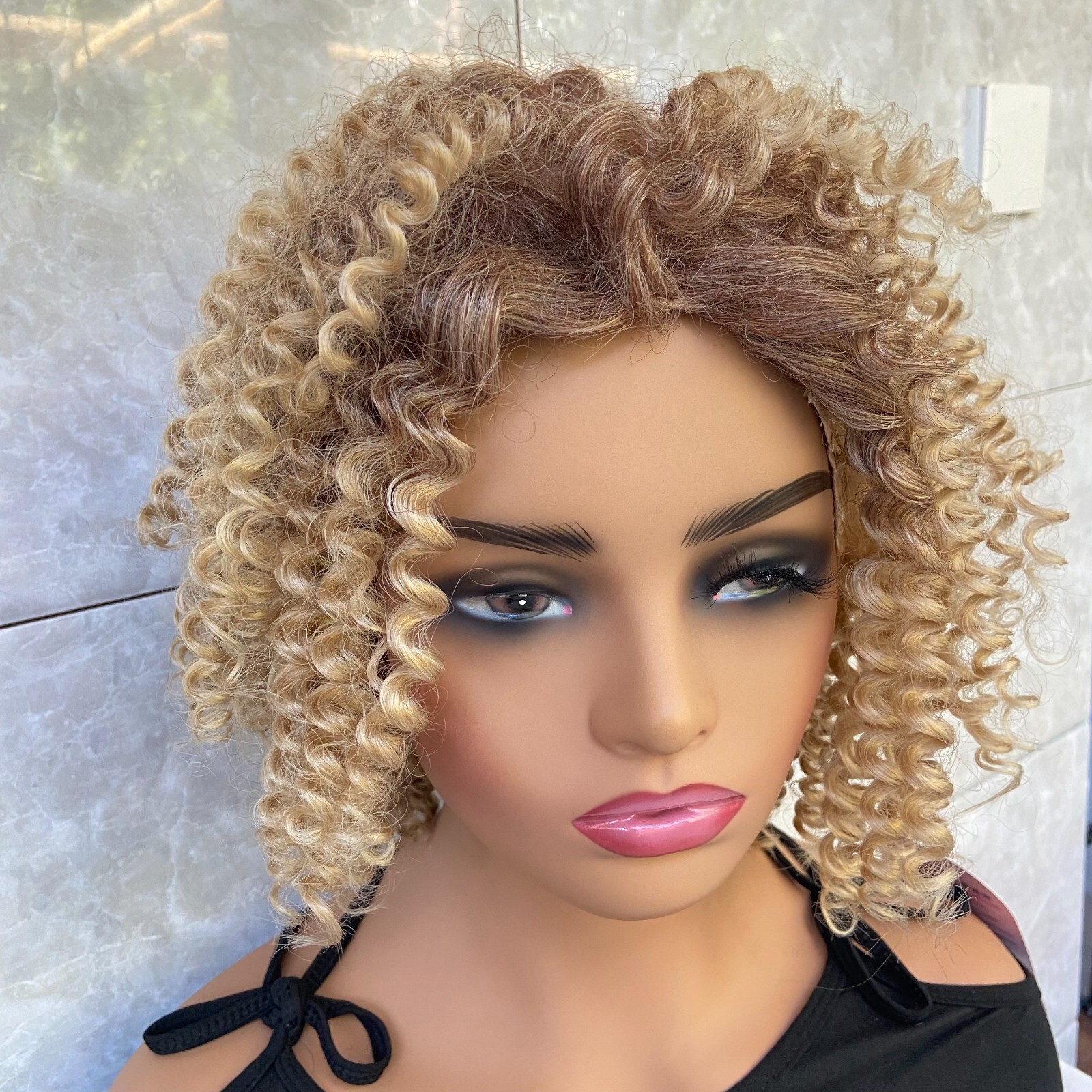 Short Kinky Curly Rooted Blonde Mix Human Hair Blend Heat Ok Wigs Women Soft