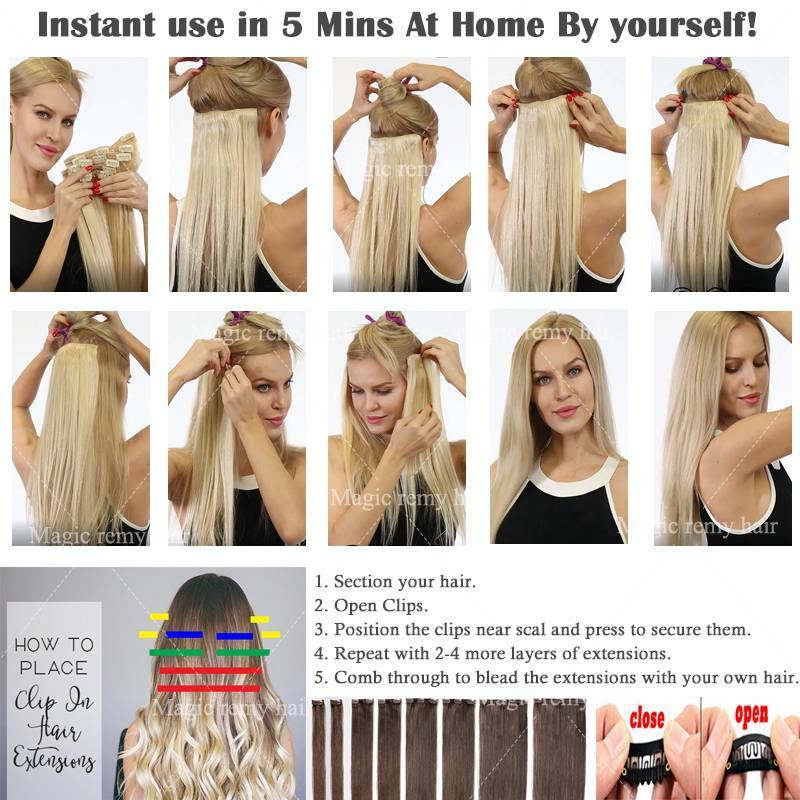 Multi/Color 100% Real Human Hair Clip In Remy Hair Extensions Full Head 8 Pieces