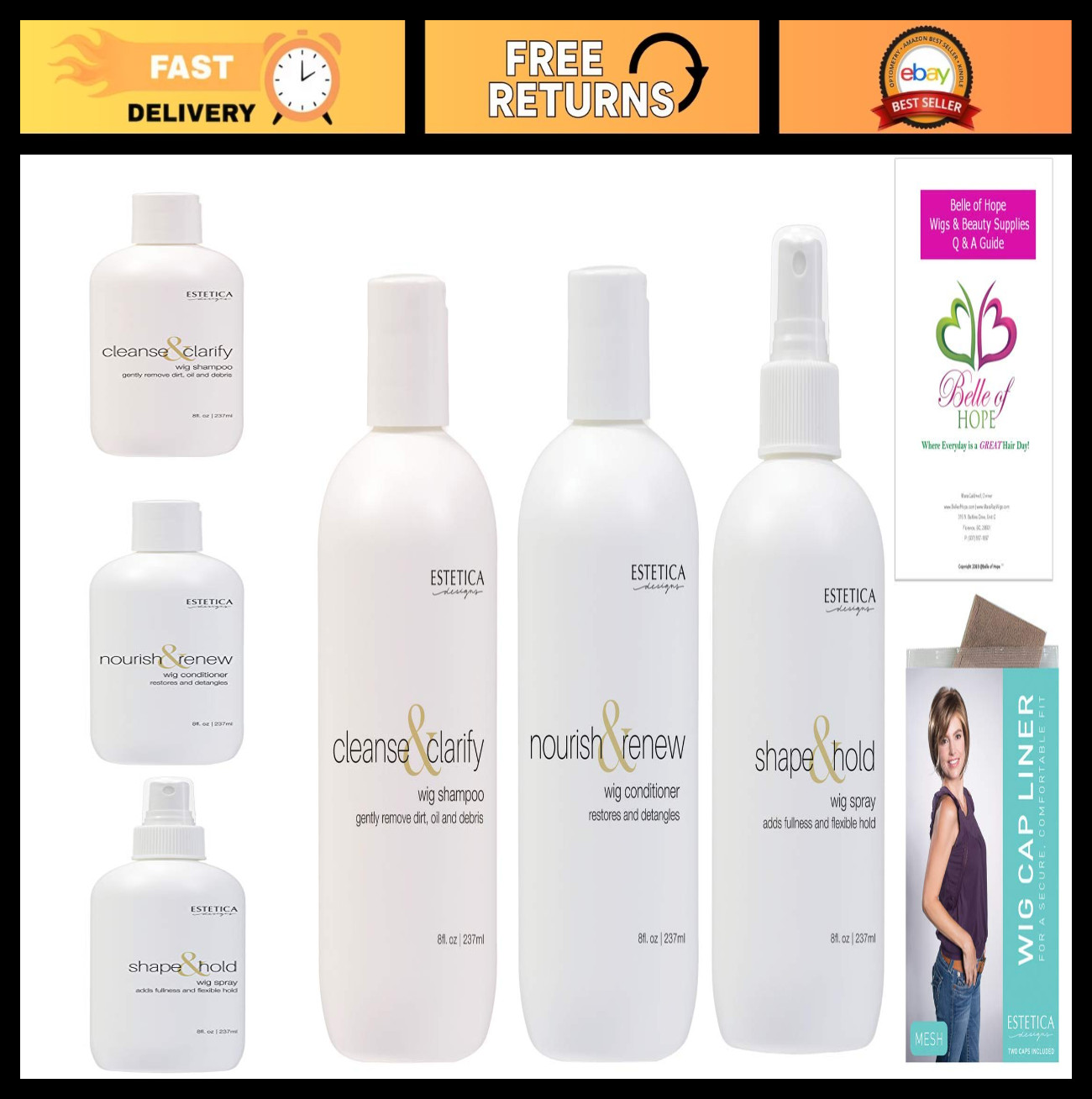 Wig Care Bundle – 5pc Spray Kit, Wig Cap & 19 Page Q&A Guide for Perfect Wigs