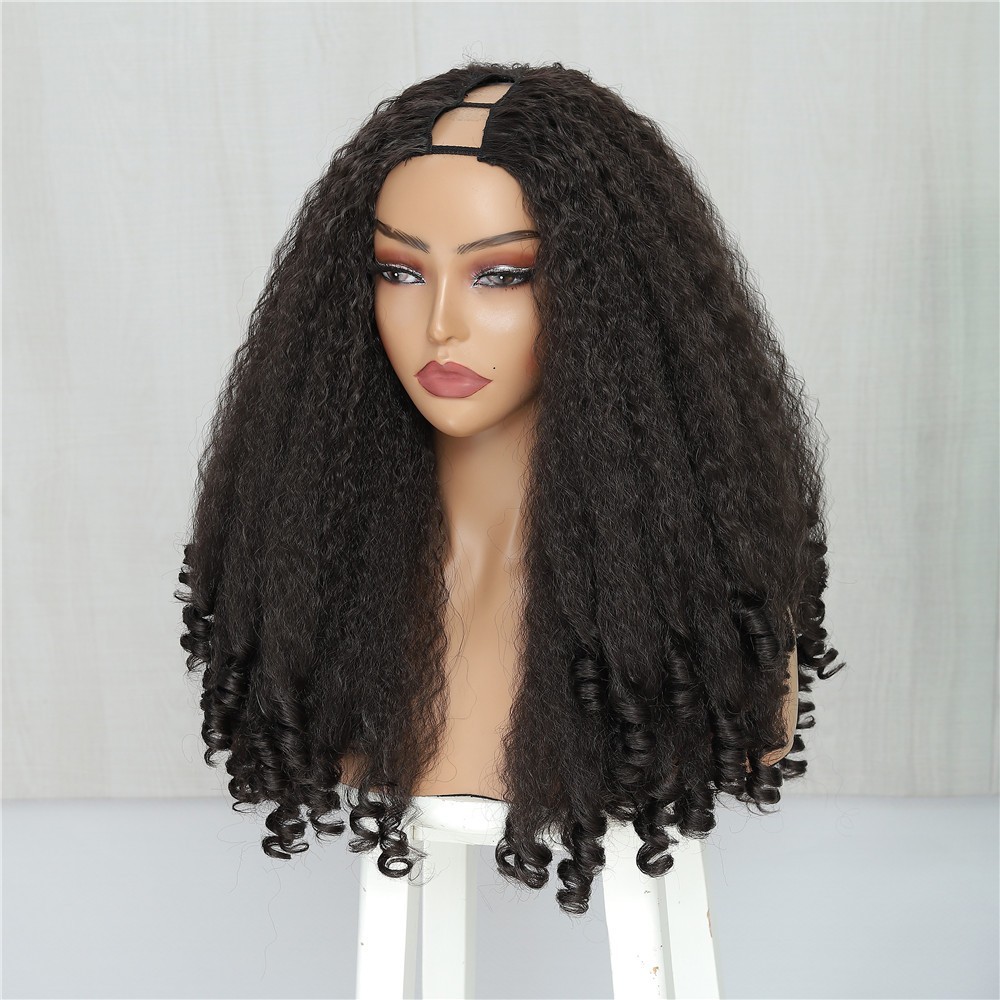 20-inch realistic curly V-shaped slit wig, 130% density rose net cap