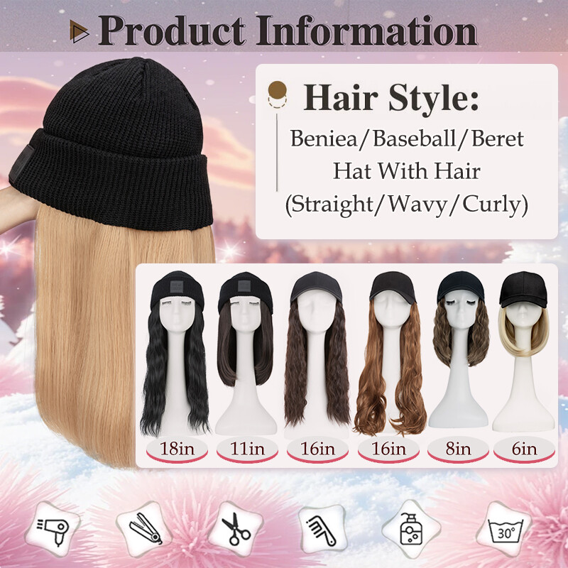 Women Baseball Cap with Synthetic Wig Long Wavy Full Wigs Hat Knitted Straight
