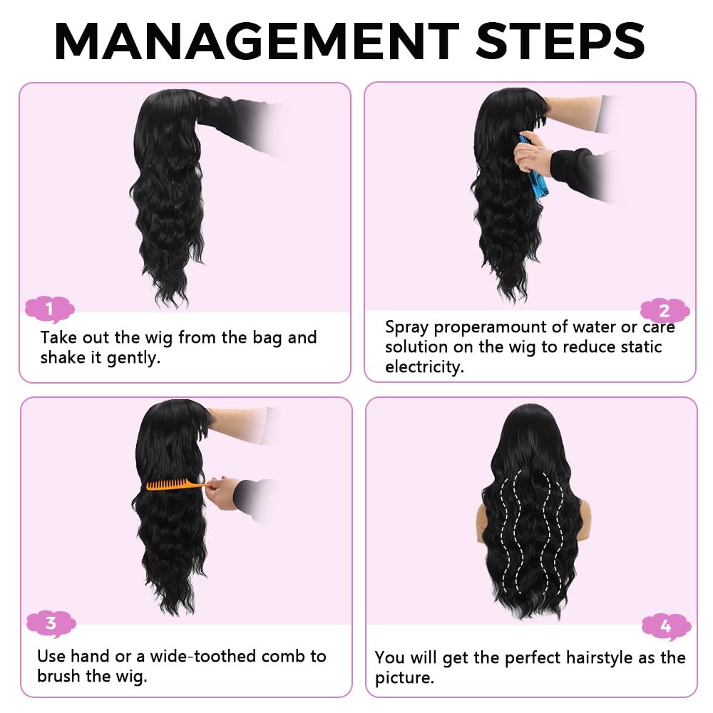 Black Wig with Bangs Curly wavy Wig for Women Long Natural Black wavy wigs skin-