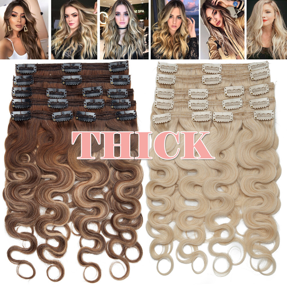 THICK 200G Clip In Full Head Remy Double Weft 100% Human Hair Extensions Wavy US