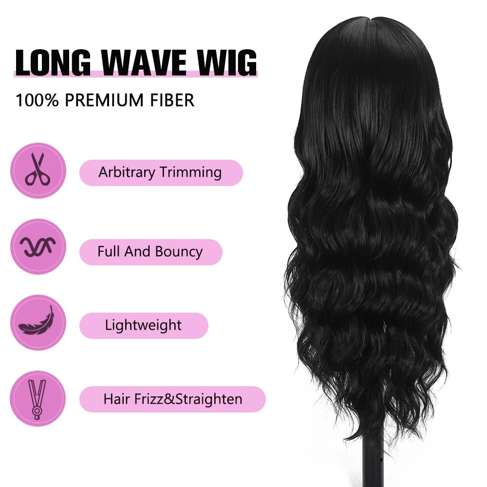 Black Wig with Bangs Curly wavy Wig for Women Long Natural Black wavy wigs skin-