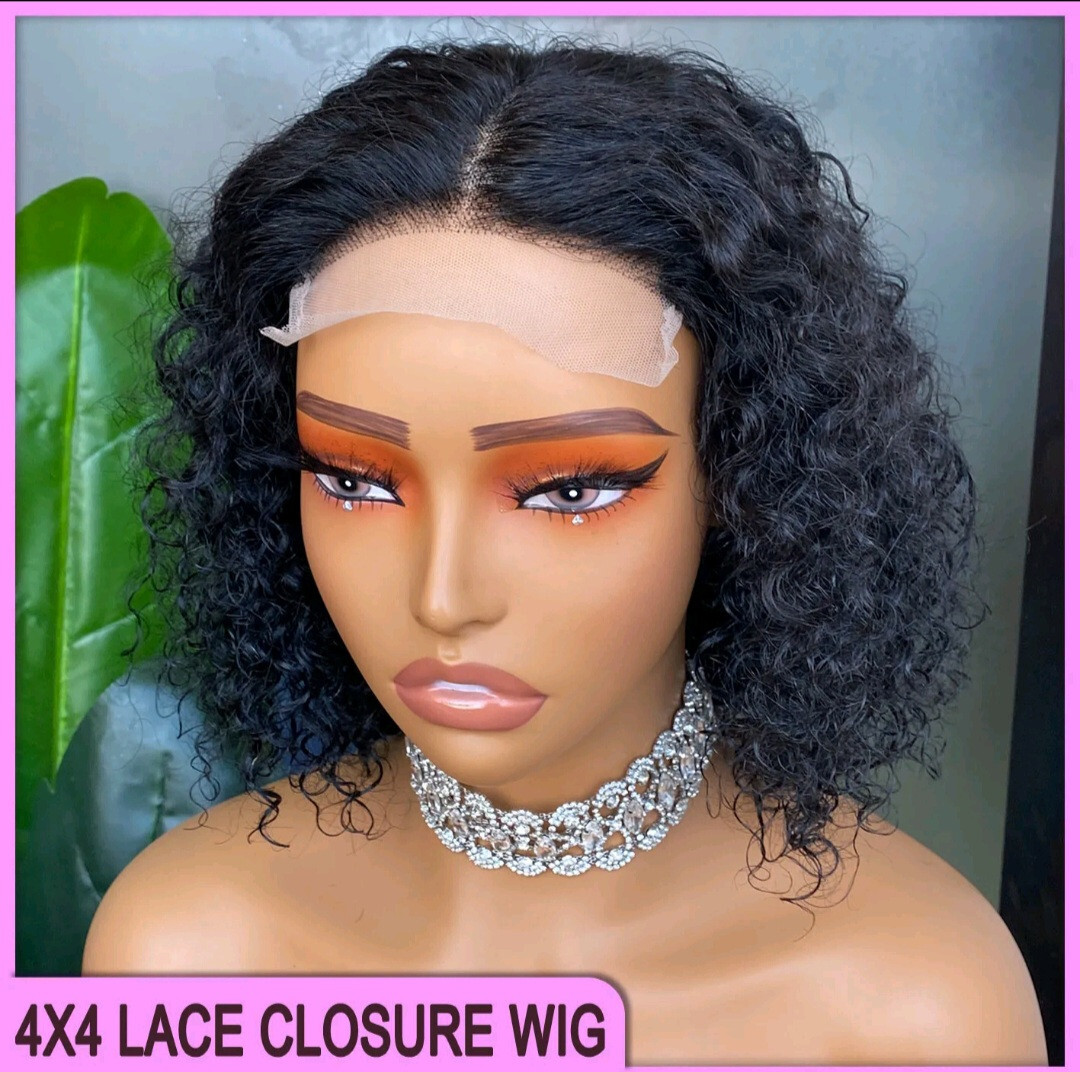 12A 10INCH PERUVIAN 4X4 LACE CLOSURE WIG DEEP WAVE 180% DENSITY NATURAL BLACK 1#