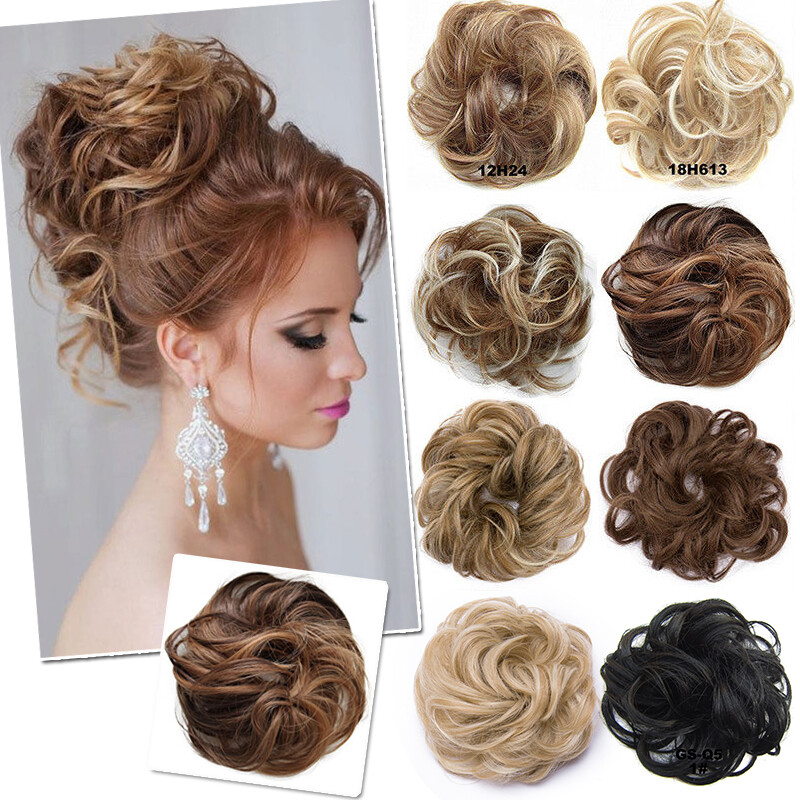 Real Natural Messy Hair Scrunchie Clip on Bun Ponytail Updo Extension Blonde Mix