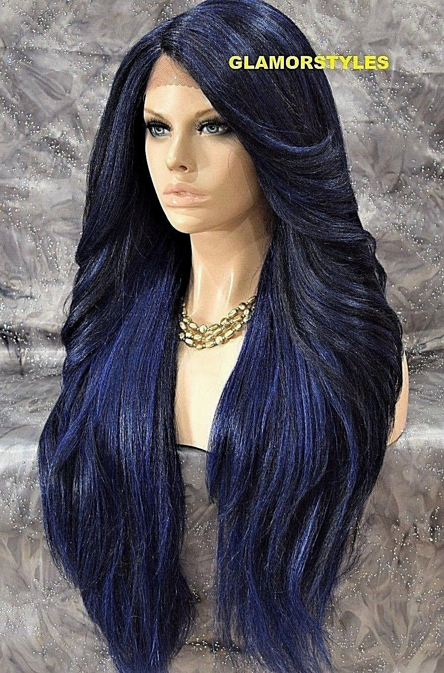 39″ LACE FRONT FULL WIG LONG STRAIGHT LAYERED W SIDE PART BLUE BLACK MIX HEAT OK